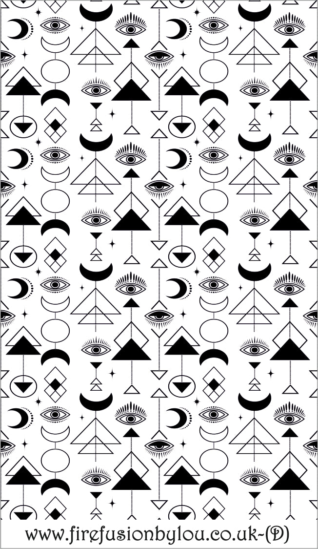 Small abstract eye repeat pattern debossed texture mat. This picture shows the texture mat pattern in black and white for use on metal clay or polymer clay.