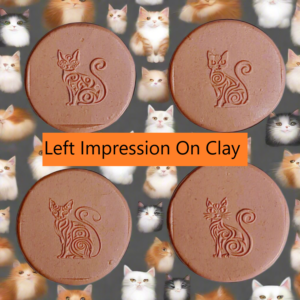 Cat-shaped stamps on clay with cat illustrations in the background