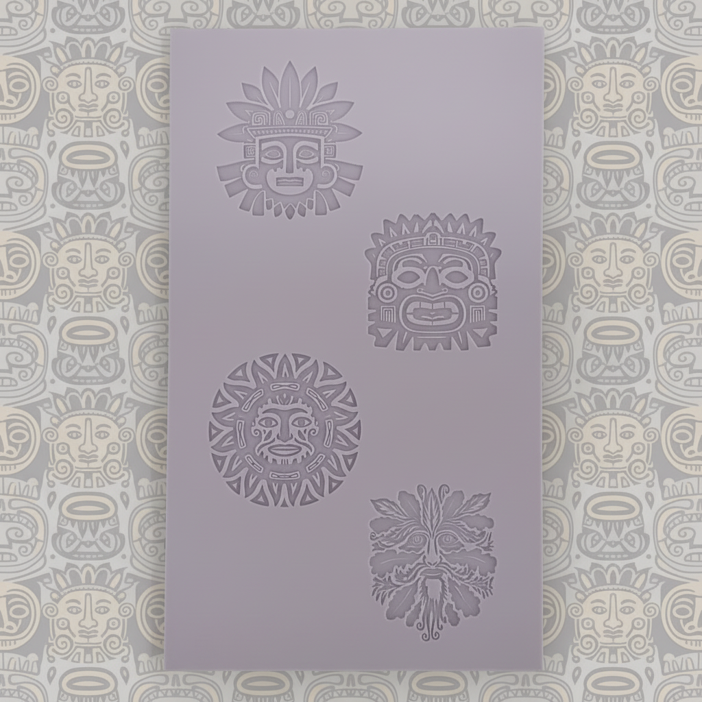A light lavender rubber texture embossed with stylized ancient face masks in a matching pale purple tone, photographed against a neutral off-white background.