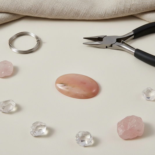 Pink stone, clear crystals, and pliers on a beige surface