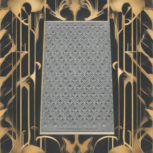A texture mat of art deco arches debossed. Will have an embossed design on metal clay or polymer.