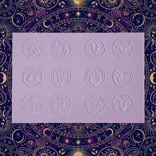 A dark grey rectangular texture mat featuring embossed circular zodiac symbols, photographed flat against an astrological background.