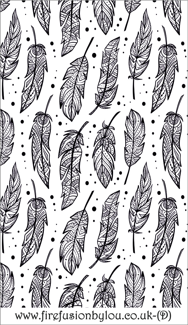 A feather pattern debossed texture mat in grey material. This picture shows the texture mat pattern in black and white for use on metal clay or polymer clay.