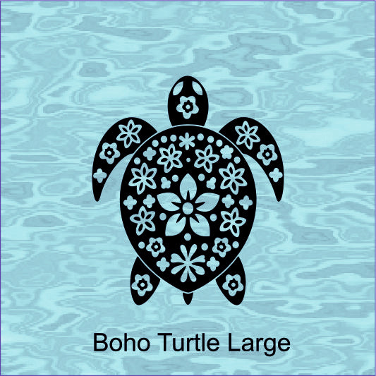 Decorative turtle design with floral patterns on a blue water-like background, labeled 'Boho Turtle Large'.