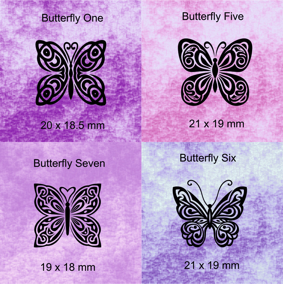 Four butterfly designs with dimensions on a purple and pink gradient background