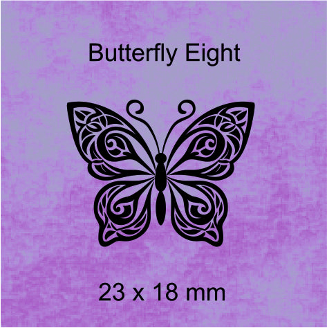 Butterfly-shaped object with 'Butterfly Eight' text and dimensions on a purple background