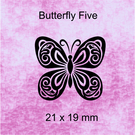Butterfly-shaped object with 'Butterfly Five' text and size '21 x 19 mm' on a purple background