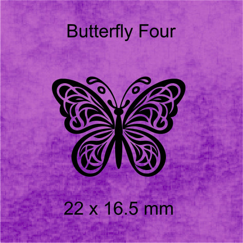 Butterfly-shaped object with 'Butterfly Four' text and dimensions on a purple background