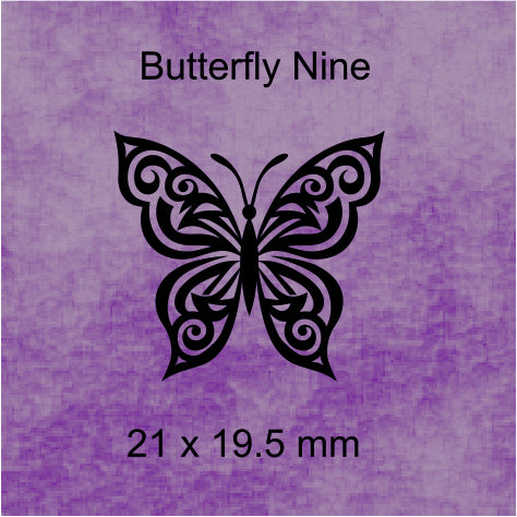Butterfly design with 'Butterfly Nine' branding and size '21 x 19.5 mm' on a purple background.