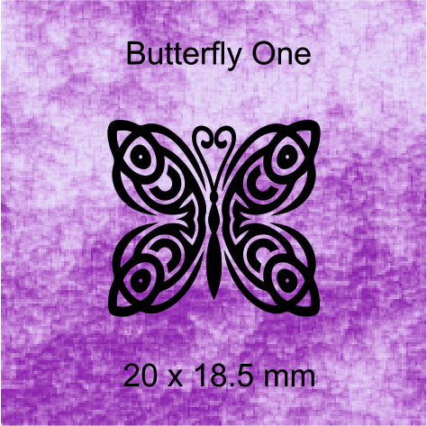 Black butterfly design on a purple textured background with text 'Butterfly One' and dimensions '20 x 18.5 mm'.