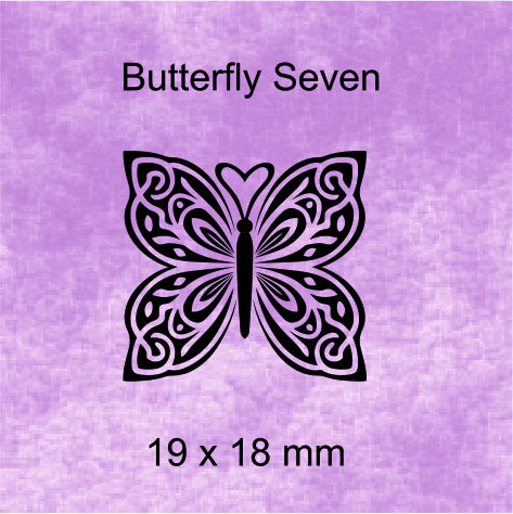 Decorative butterfly design with 'Butterfly Seven' text and size '19 x 18 mm' on a purple textured background.