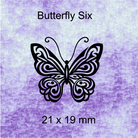 Butterfly design with 'Butterfly Six' text and size '21 x 19 mm' on a purple textured background.