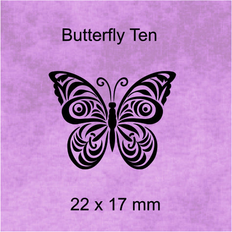 Butterfly design labeled 'Butterfly Ten' on a purple background with dimensions 22 x 17 mm.