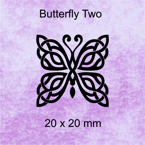 Decorative butterfly design labeled 'Butterfly Two' on a purple background with size '20 x 20 mm'.