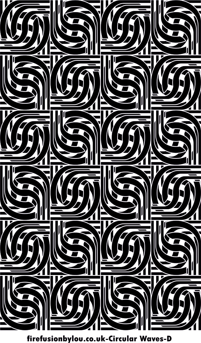 A debossed circular wave geometric texture mat. This picture shows the texture mat pattern in black and white for use on metal clay or polymer clay.