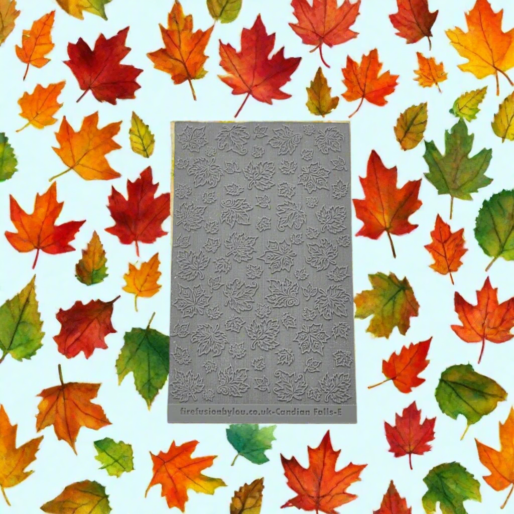 A 95 x 55 mm embossed texture mat with smaller and larger Canadian leaves such as maple designs. Use to make a debossed impression on metal clay and polymer clay.