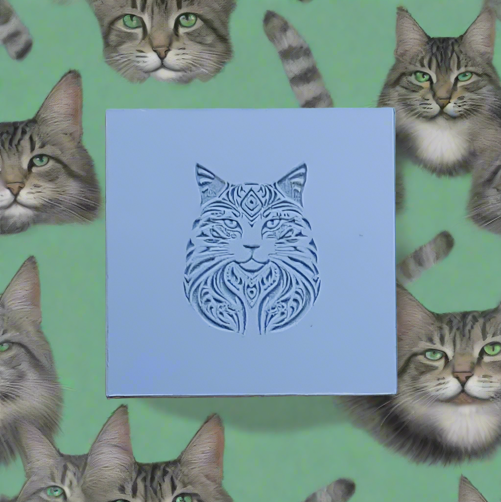 Blue square with cat design surrounded by cat illustrations on a green background