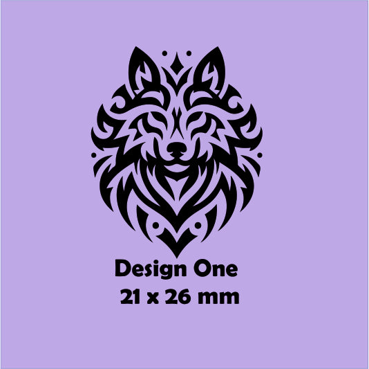 Black wolf design on a purple background with text 'Design One 21 x 26 mm'.