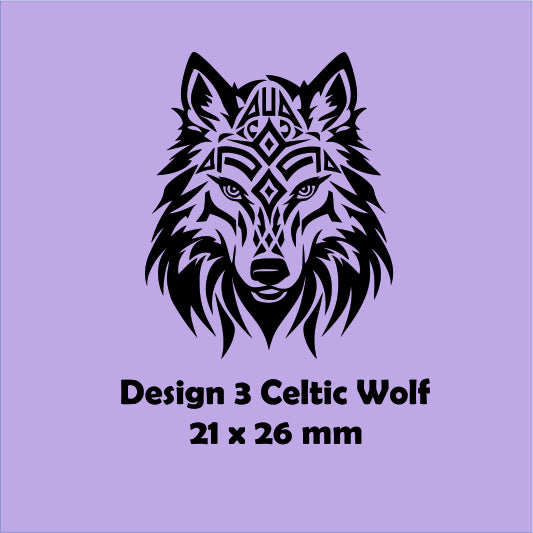 Celtic wolf design on a purple background with text indicating size and design number.