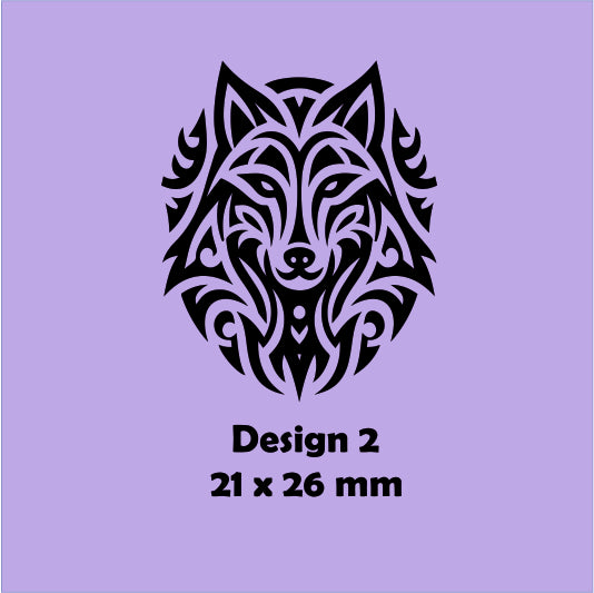 Tribal wolf design on a purple background with dimensions displayed