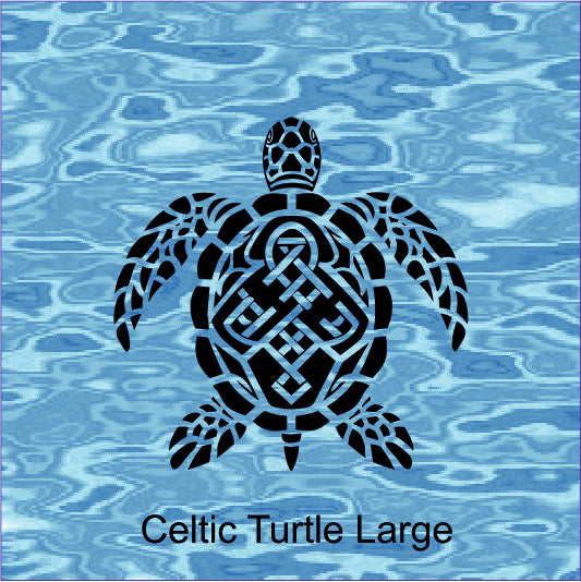 Celtic turtle design on a blue water pattern background