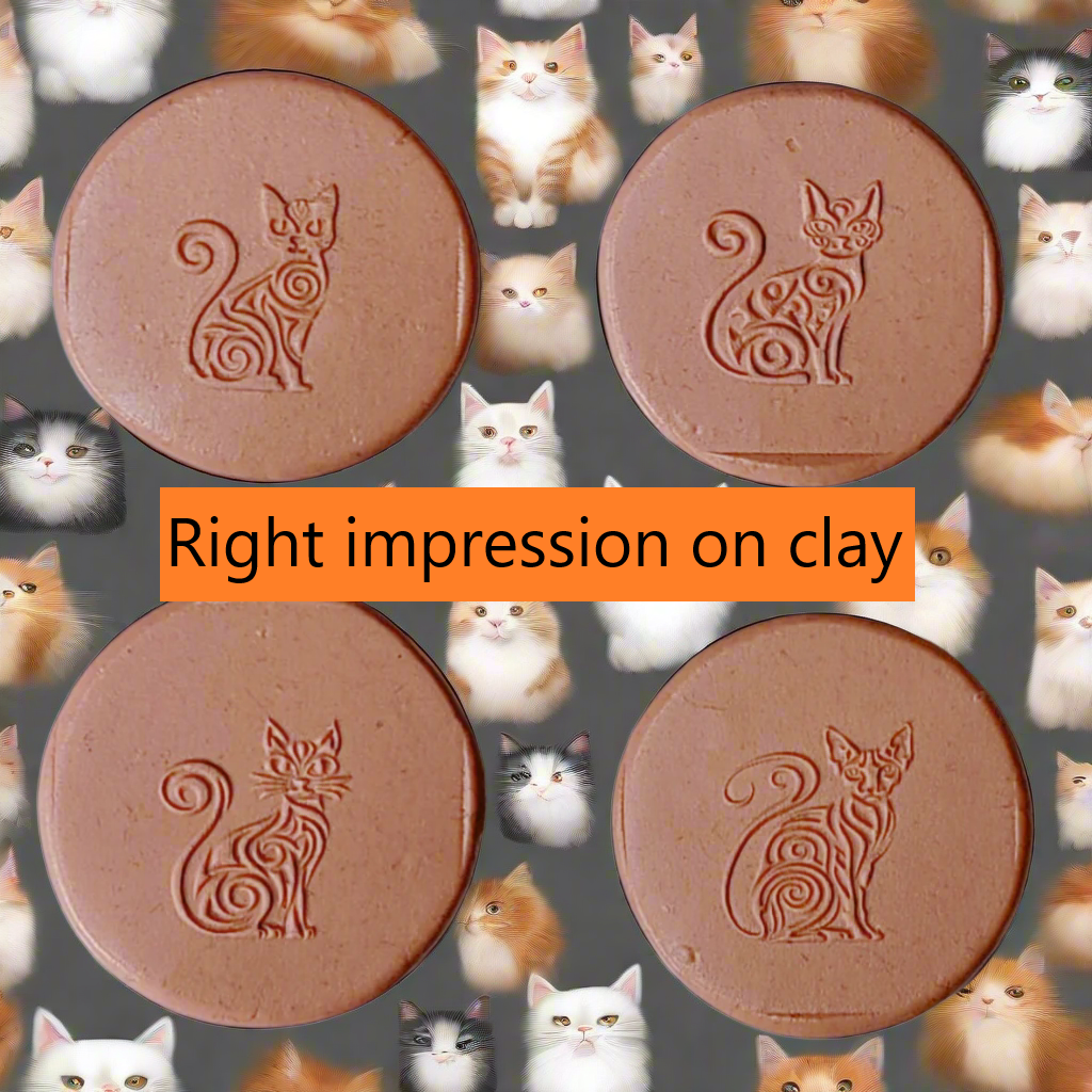 Four clay stamps with cat designs on a background of cat illustrations.