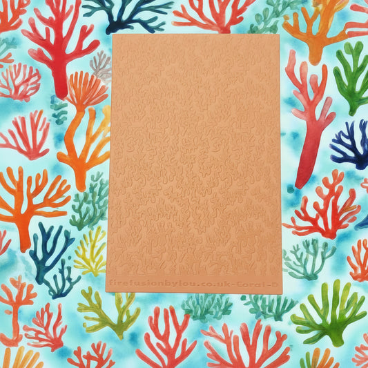 A 95 x 55 mm debossed texture mat with with coral in a repeat pattern. Use to make a wider embossed impression on metal clay and polymer clay.