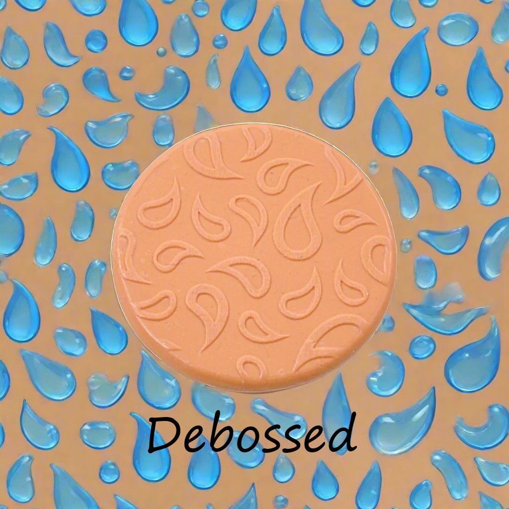A raindrop pattern embossed in silly putty Using a patterned debossed texture mat in grey material. This will give you an idea of what it will look like on metal clay or polymer clay.