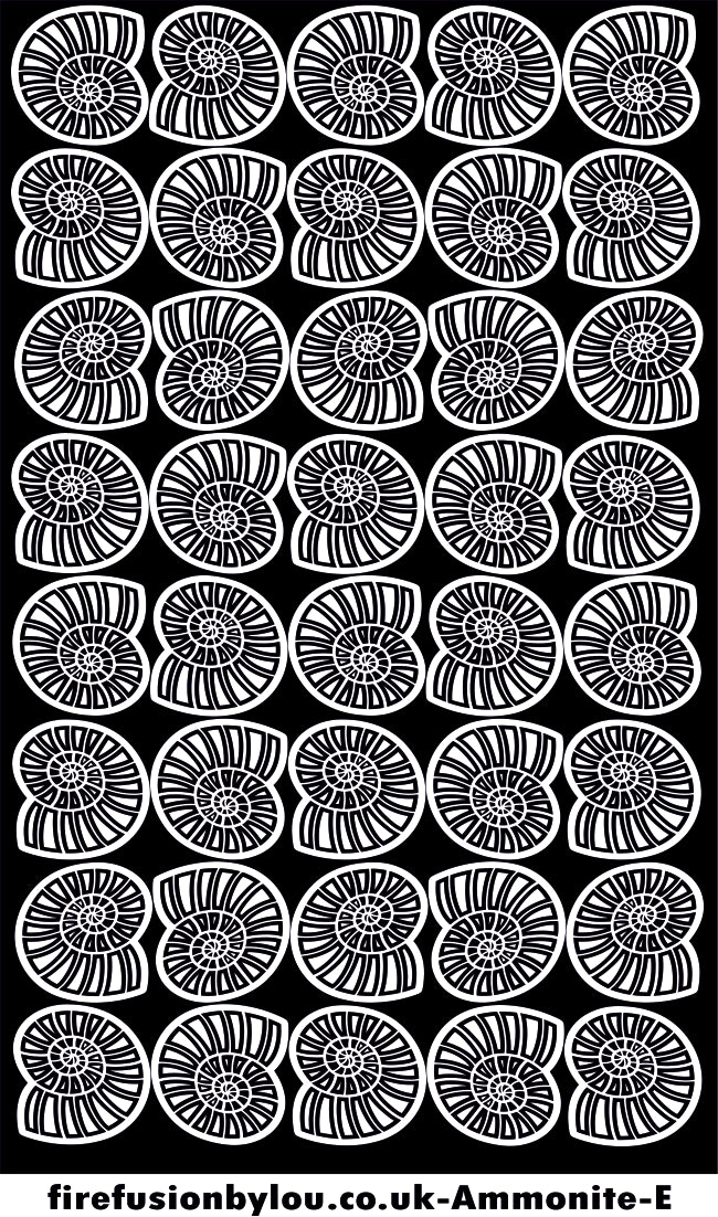 A embossed texture mat of Ammonite. This picture shows the texture mat pattern in black and white for use on metal clay or polymer clay.