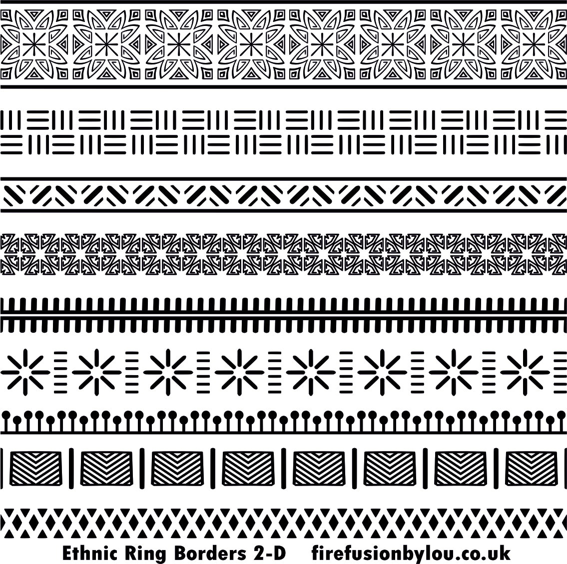 A black and white picture of ethnic ring borders design two. This picture shows nine different styles of the texture mat.