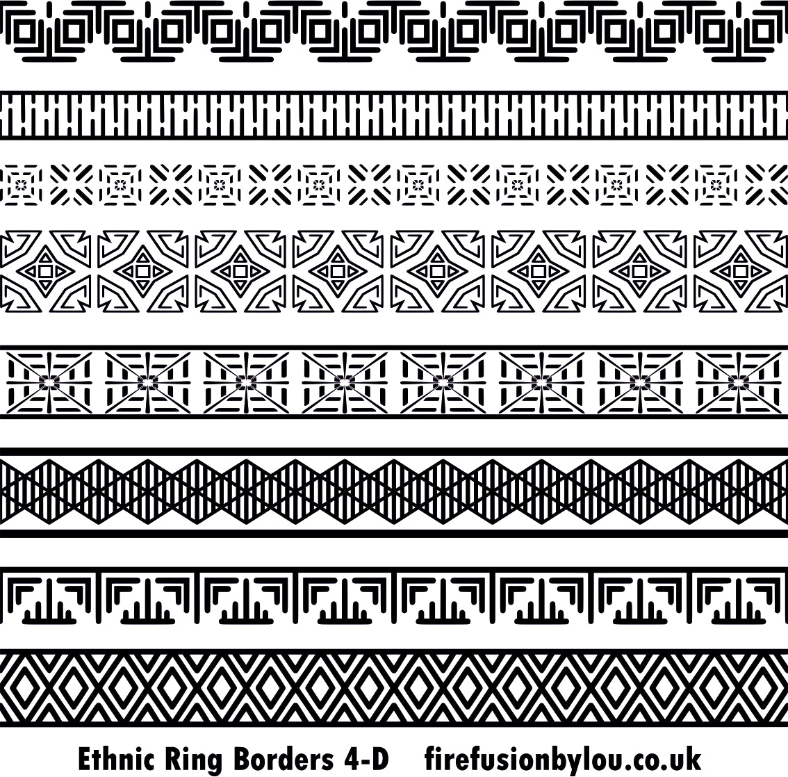 A black and white picture of ethnic ring borders debossed design four. This picture shows eight different styles of the texture mat.