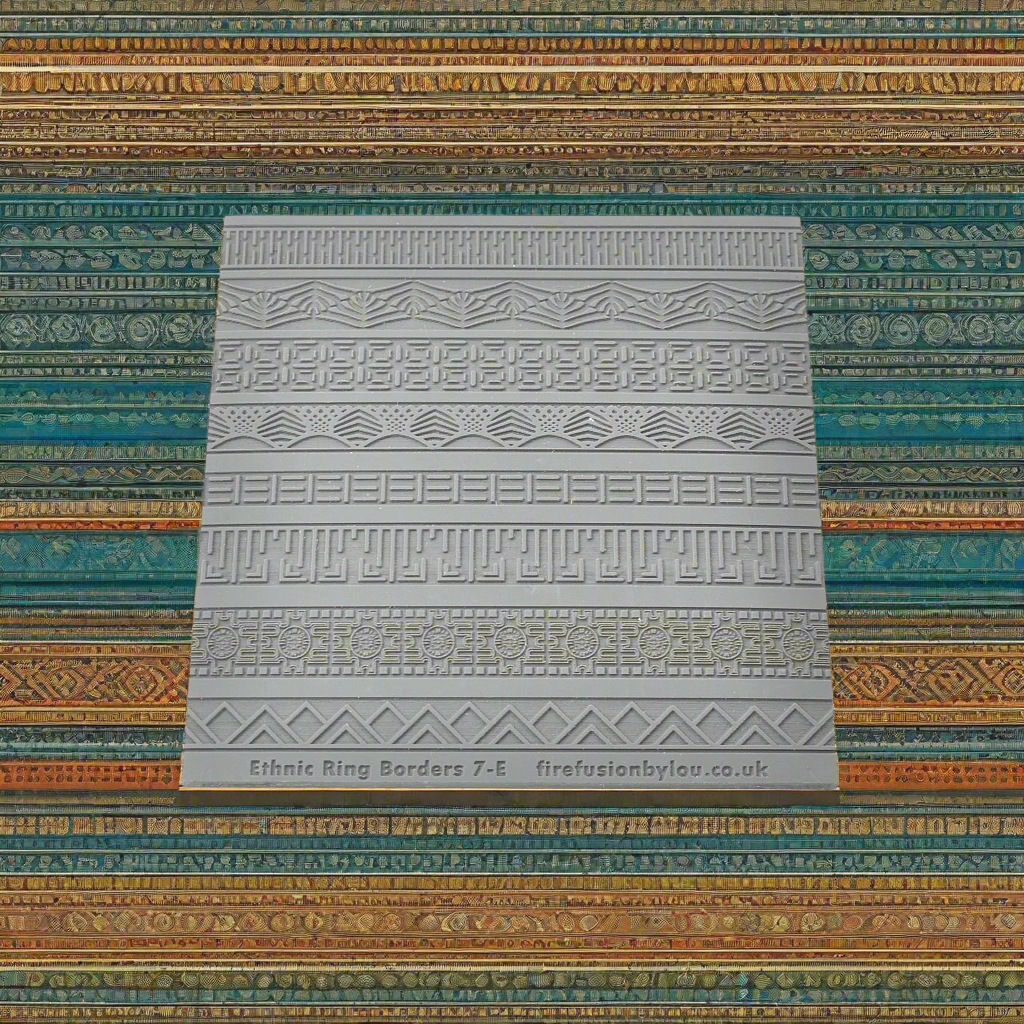 A ethnic pattern embossed texture mat in grey material. This texture mat will give you a debossed effect on metal clay or polymer clay.