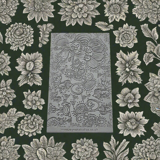 A texture mat of intricate florals debossed. Will have an embossed design on metal clay or polymer.
