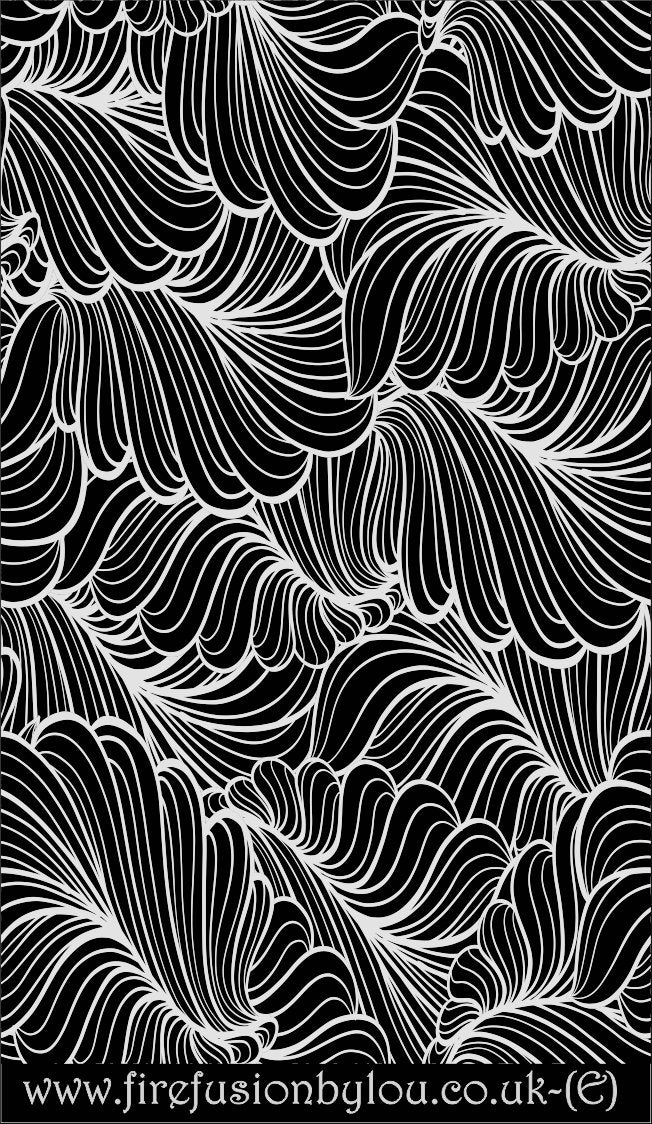 An embossed texture mat of frond leaves. This picture shows the texture mat pattern in black and white for use on metal clay or polymer clay.