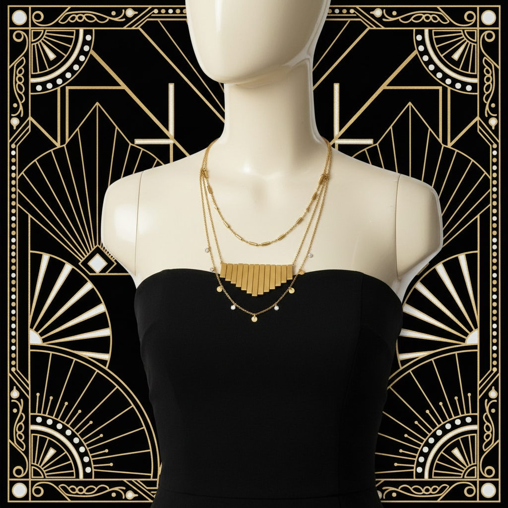 "Metallic gold graduated fan bead necklace displayed on mannequin showing vintage Art Deco style statement jewellery piece"
