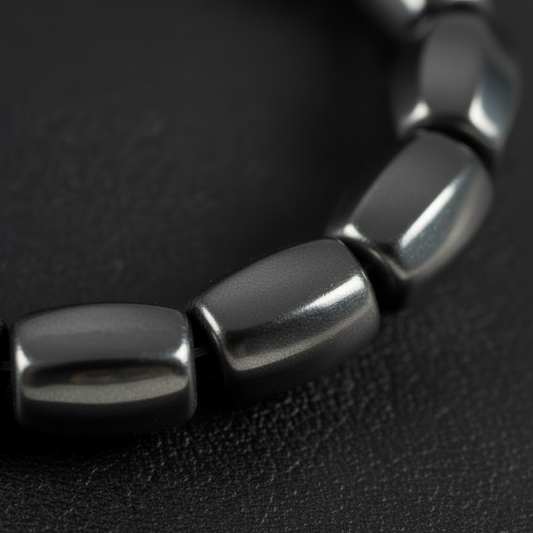 "Close up of eight sided faceted hematite barrel beads 9mm by 8mm showing polished metallic surface and geometric cut"
