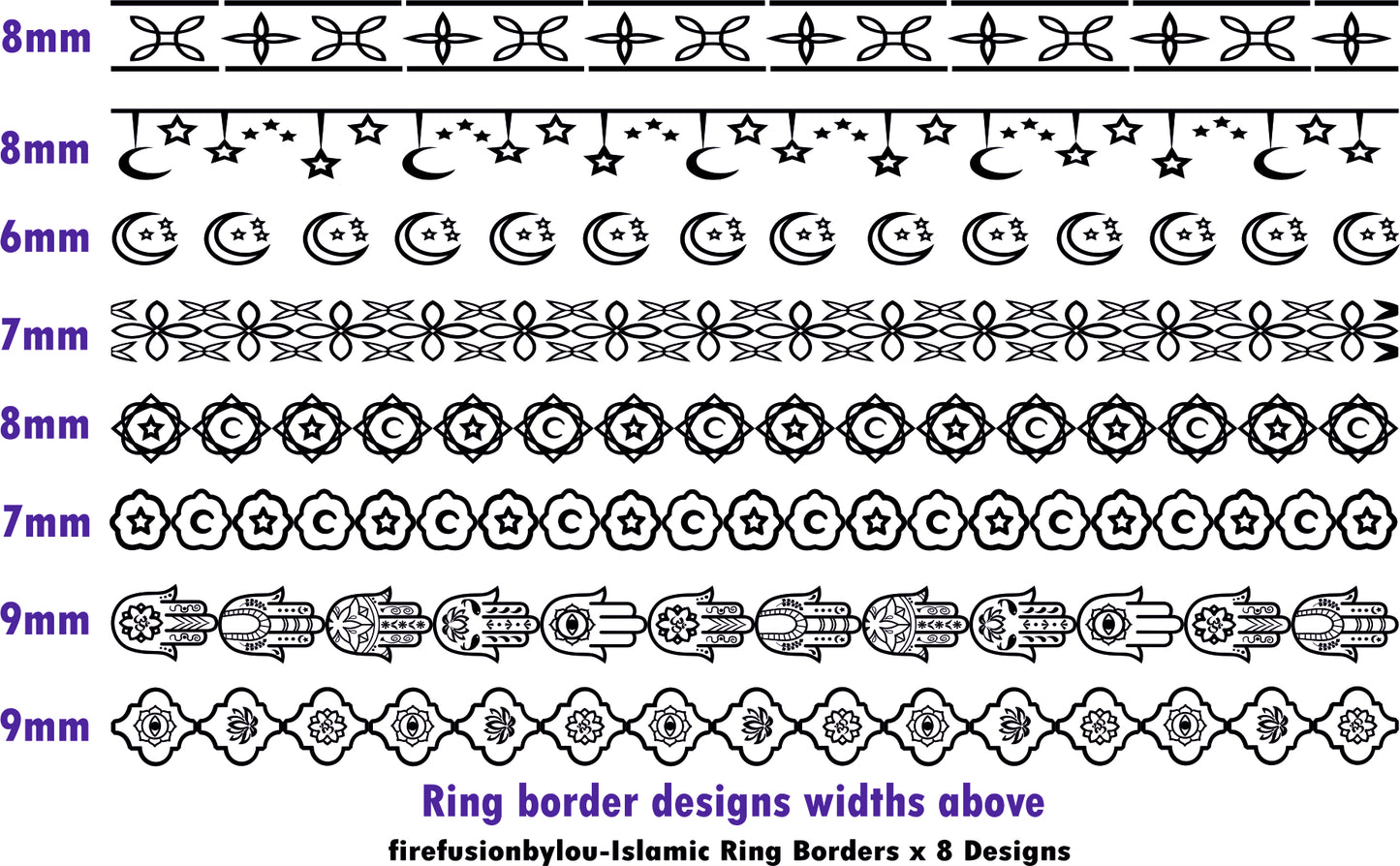 A black and white picture of Islamic ring borders. This picture shows the widths of each ring band.