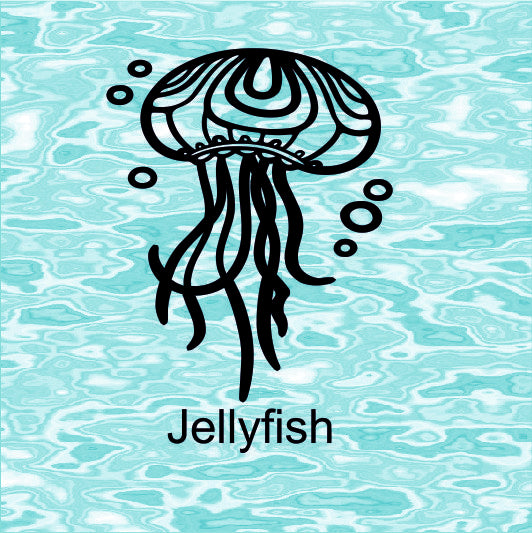 Black jellyfish illustration on a teal water pattern background
