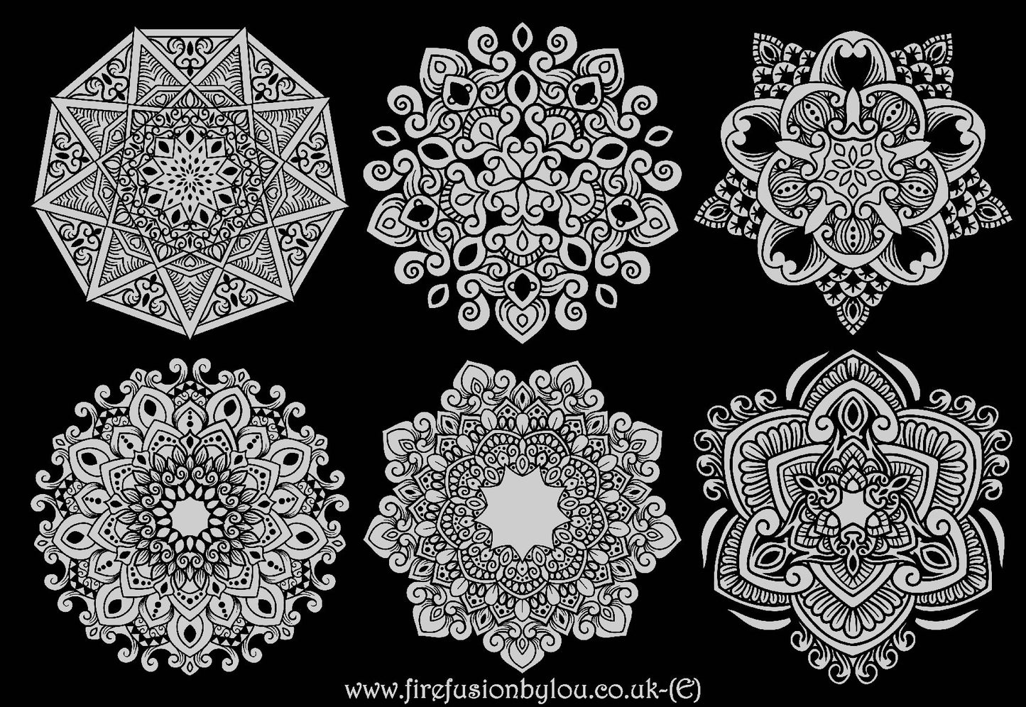 An embossed texture mat of intricate mandala. This picture shows the texture mat pattern in black and white for use on metal clay or polymer clay.