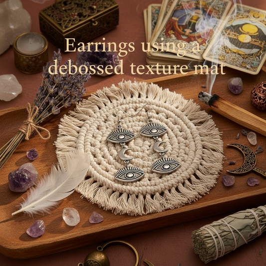 Earrings on a macramé mat with tarot cards, crystals, and other decorative items on a wooden surface.