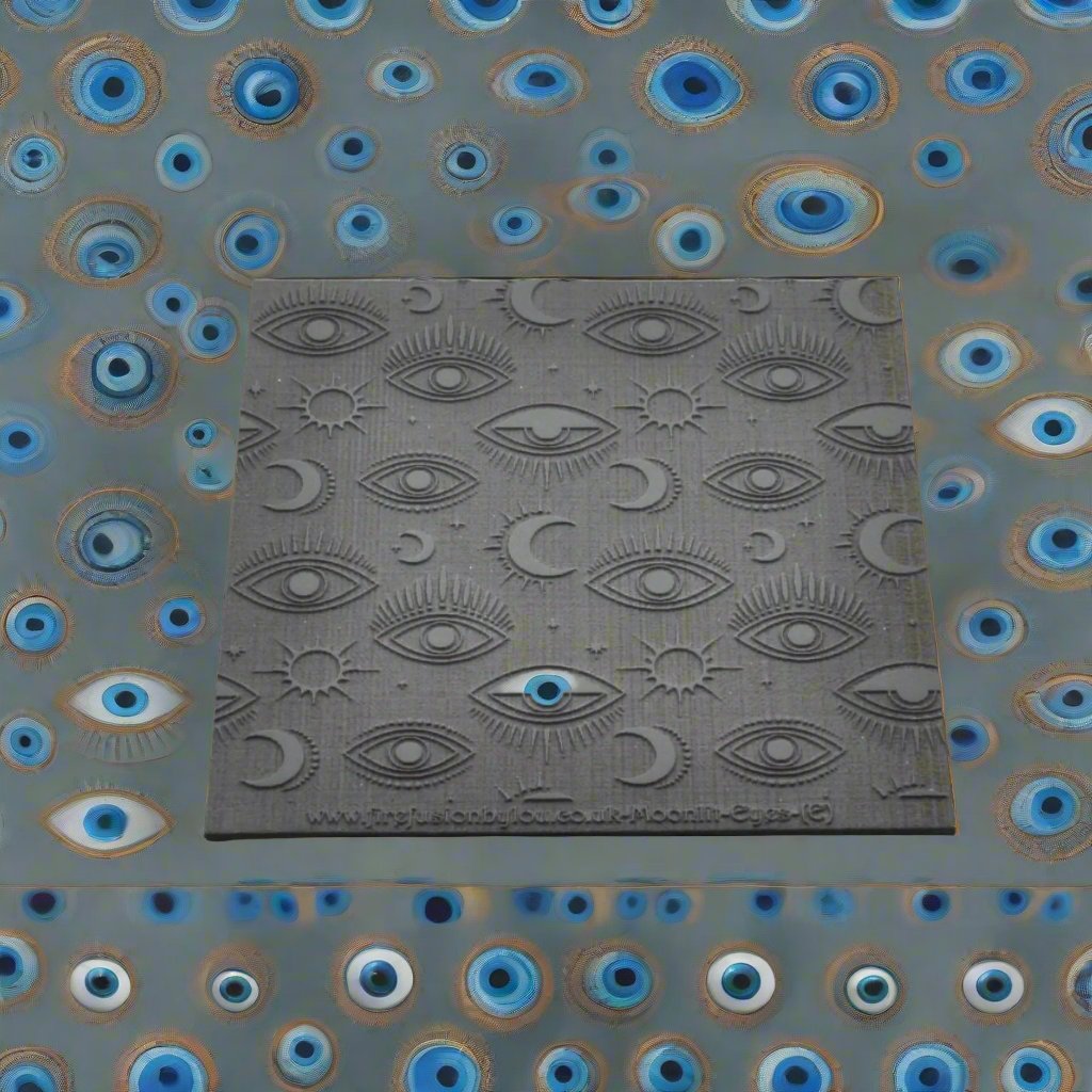 A mystical eye repeat pattern debossed texture mat in grey material. For use on metal clay or polymer clay.