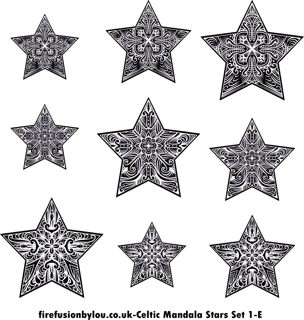 An embossed texture mat jpg of three intricate Celtic mandala stars in three sizes.