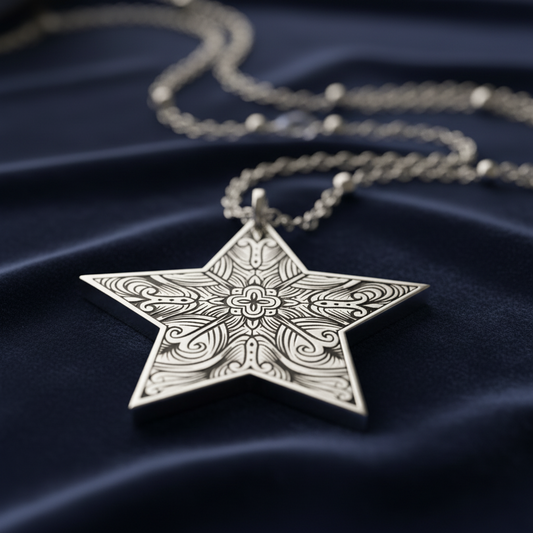 Star-shaped silver pendant with intricate patterns on a velvet surface