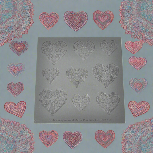 An embossed texture mat with three Celtic heart mandala designs in three sizes. Use to make an impression on metal clay and polymer clay.