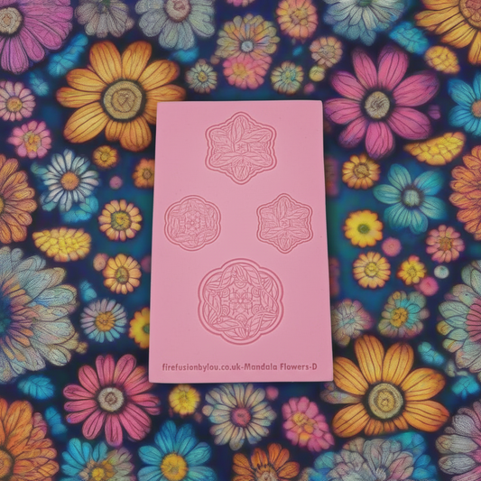 A debossed texture mat with mandala flowers. Used to make an impression on metal clay and polymer clay.