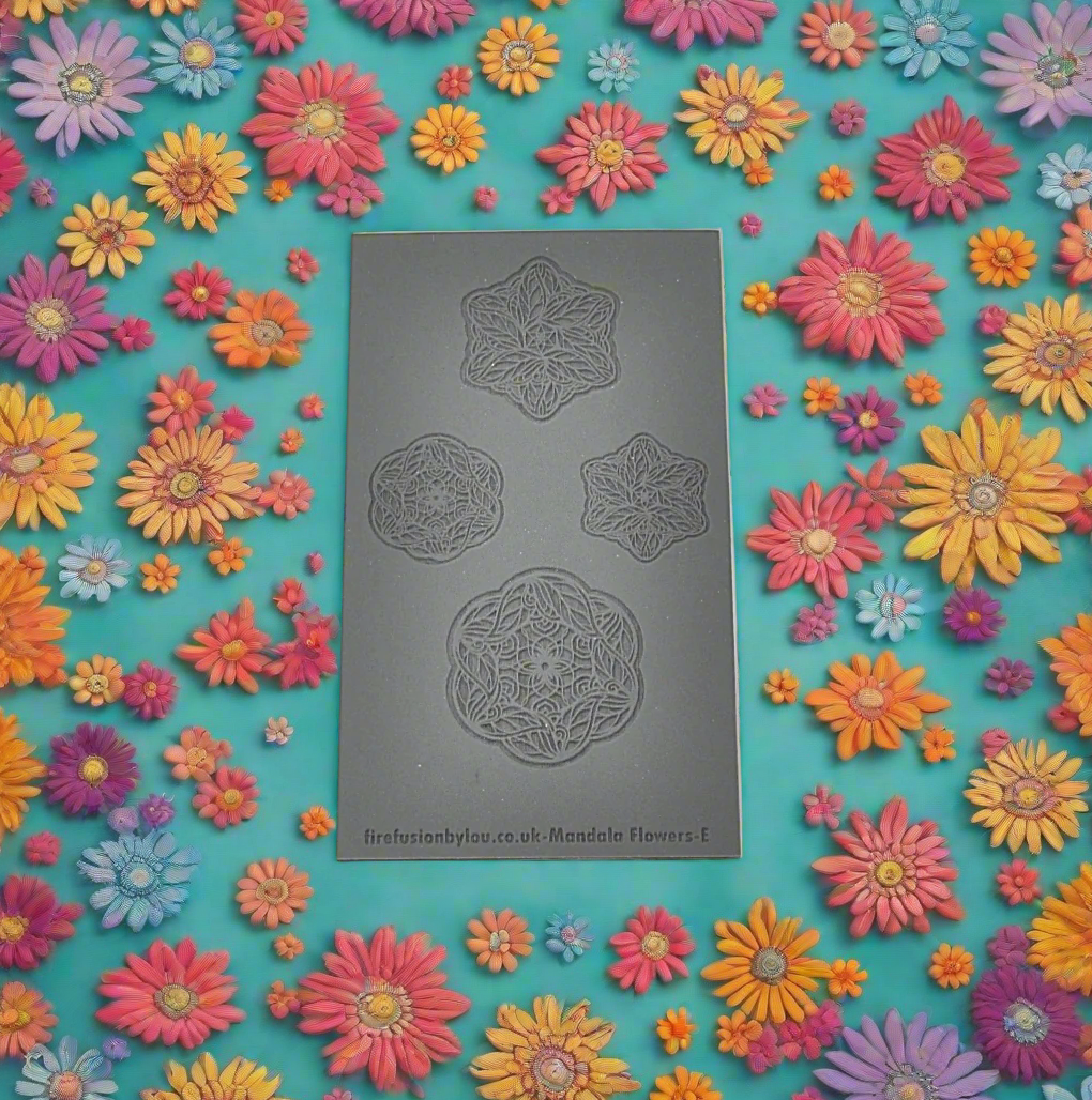 An embossed texture mat with mandala flowers. Use to make an impression on metal clay and polymer clay.