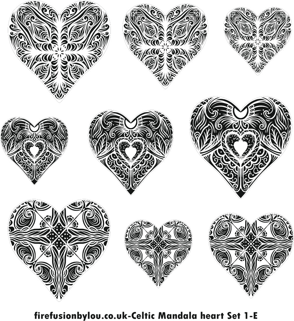 An embossed texture mat of three intricate Celtic mandala hearts. This picture shows the texture mat pattern in black and white for use on metal clay or polymer clay.