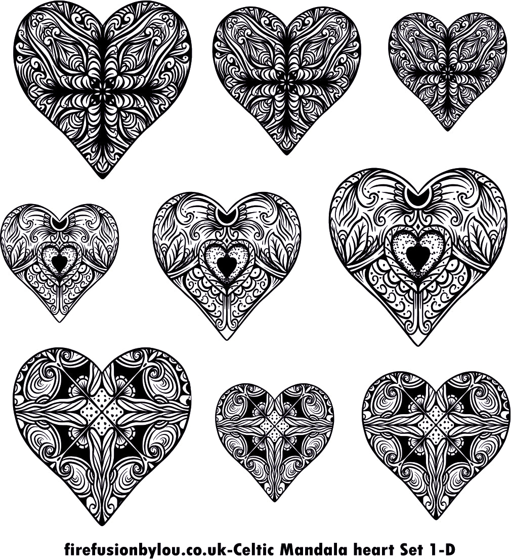 A debossed texture mat of three intricate Celtic mandala hearts. This picture shows the texture mat pattern in black and white for use on metal clay or polymer clay.