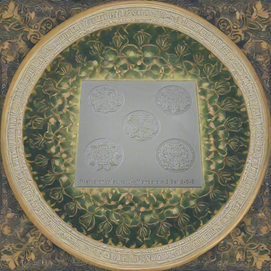 A debossed & embossed texture mat with five mandala designs. Use to make an impression on metal clay and polymer clay.