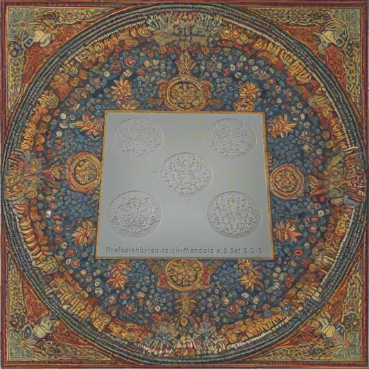 A debossed & embossed texture mat with five mandala designs. Use to make an impression on metal clay and polymer clay.